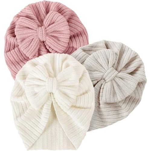 3 Pack Velvet Baby Turban Hats with Bow, Stretchy Baby Head Cover Beanies for Newborn, Toddler, Infant Head Wraps