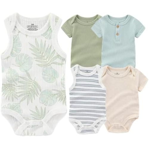 Baby Boy Girl Short Sleeve Bodysuits Infants Outfit New Born Unisex-Baby 100% Cotton Romper 5-Pack 0-12 Month