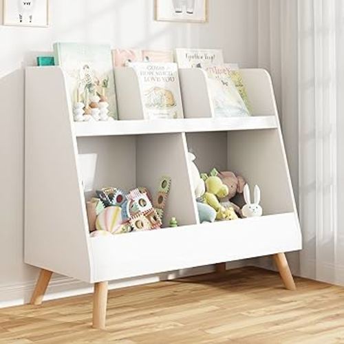 Kids Bookshelf and Toy Organizer, 5 Cubbies Wooden Open Bookcase, 2-Tier Baby Storage Display with Legs, Free Standing Bookshelf for Playing Room, Bedroom, Nursery, Classroom, White