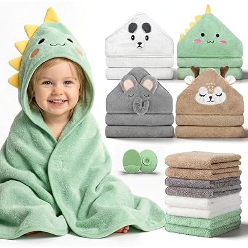 14-Piece Baby Bath Towels Set with 4 PCS Hooded Baby Towels, 8 PCS Washcloths & 2PCS Bath Brush for Infants & Toddlers, Ultra Absorbent Newborn Bath Essentials Gift for Boys & Girls