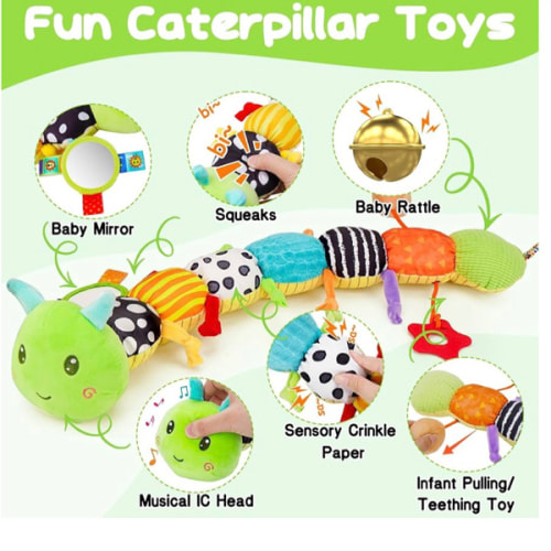 Baby Sensory Toy 0-6 Month Music Animal Stuffed Plush Caterpillar Toy for Infant 0-3-6-12 Month Old Tummy Time with Baby Mirror Crinkle Rattle Carseat Toys for Newborn Boys Girl Shower Gifts