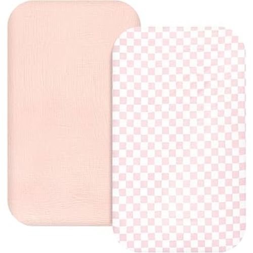 Hooyax Muslin Bassinet Sheets 2 Pack for Baby, Compatible with Bedside Sleeper Bassinet Fitted Sheets for Girls Boys, Ultra Soft and Skin-Friendly for Girls (Pink, Checkered)