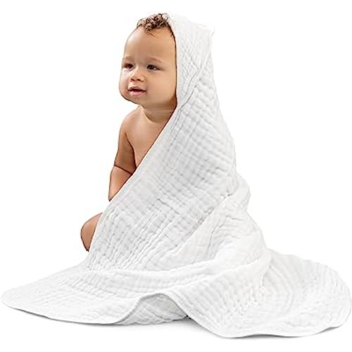 Comfy Cubs 2 Pack Baby Hooded 9 Layer Muslin Cotton Towel for Kids, Large 32” x 32”, Ultra Soft, Warm, and Absorbent. Baby Essentials Bath Towels, Cute Unisex Cover for Girls and Boys (2 Pack, White)