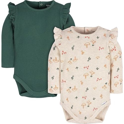 Gerber Baby Girls' Long Ruffle Sleeve Onesies (2 Pack)
