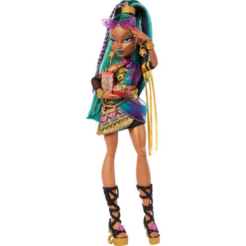 Monster High Nefera De Nile Doll, Royal Mummy in Dress with Pet Scarab Lavish and 7 Accessories Like Purse, Laptop, Sunglasses, Drink and Snacks