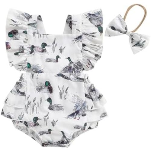 Gueuusu Duck Hunting Baby Girl Clothes Mallard Duck Ruffles Flutter Sleeve Romper Bubble Bodysuit Headband Cute Summer Outfit