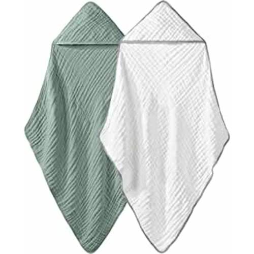 Yoofoss Hooded Baby Towels 100% Muslin Cotton 2 Pack Baby Bath Towel 32x32Inch, Extra Soft and Absorbent Hooded Towels for Baby, Infant and Toddler, Baby Bath Essential for Boys Girls (Green & White)