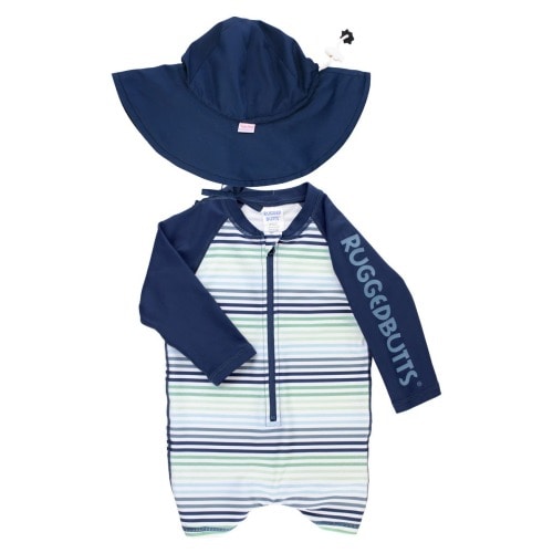 Coastal Stripe One-Piece Rashguard Swimsuit & Hat Set, 3-6M
