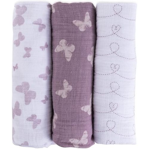 Ely's & Co. Muslin Swaddle Blanket 100% Soft Muslin Cotton 3 Pack 47"x 47" (Lavender Butterfly)