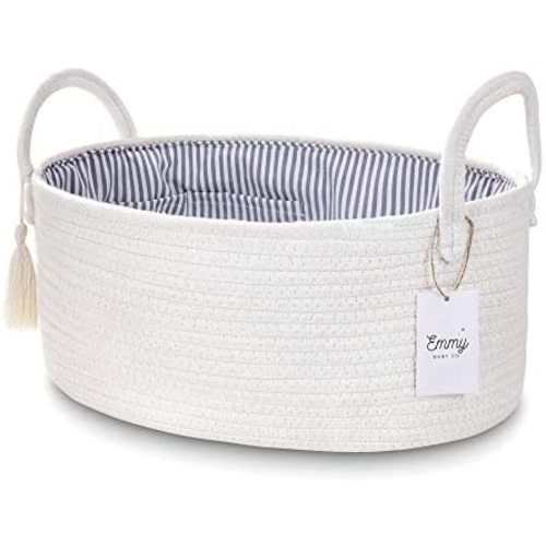 Emmy Baby Co. Rope Diaper Caddy Organizer - Extra Large Nursery Storage Bin - Car Organizer - Baby Shower Gift Basket - with 8 Pockets, 5 Compartments and Removable Dividers - White