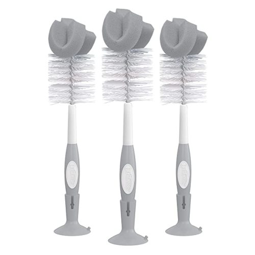 Dr. Brown's Reusable Sponge Baby Bottle Cleaning Brush Set with Suction Cup Stand, Scrubber and Nipple Cleaner, Gray, 3 Pack