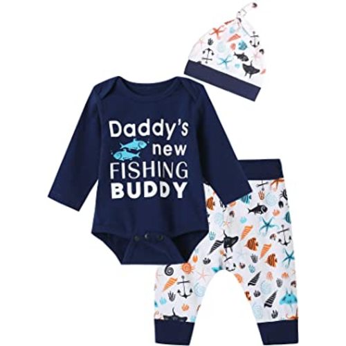 Auggle 3PCS Baby Boys' Daddy's New Fishing Buddy Outfit Set Short Sleeve Bodysuit