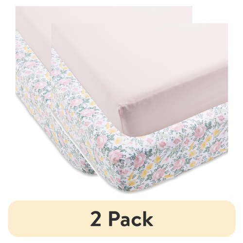 (2 pack) Parent's Choice 2-Pack Cotton Fitted Sheets for Baby Girls, Pink Floral, Crib/Toddler Bed