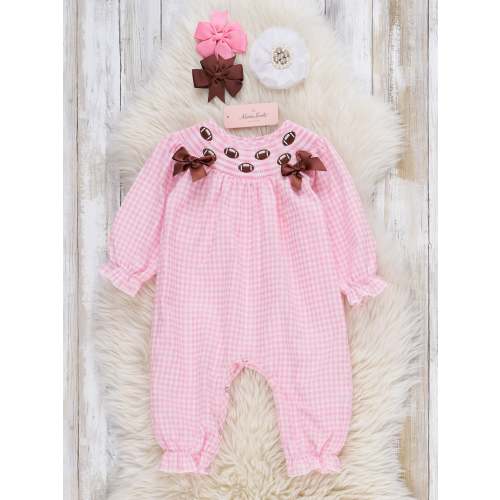 Game Day Gingham Smocked Embroidered Romper