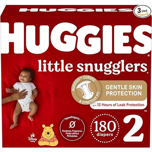 Huggies Size 2 Diapers, Little Snugglers Baby Diapers, Size 2 (12-18 lbs), 180 Ct (3 packs of 60), Packaging May Vary
