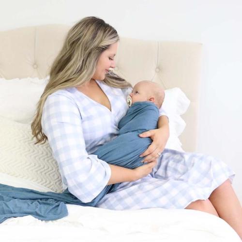 Dusty Blue Gingham Knit Maternity Robe | Caden Lane