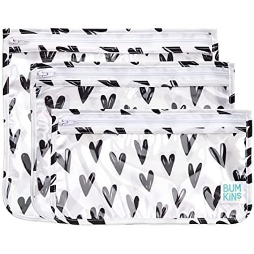 Bumkins TSA Approved Toiletry Bag, Travel Bag, Quart Zip Pouch, Clear Sided, PVC-Free, Vinyl-Free, Set of 3 – Hearts , 5"