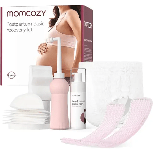 Momcozy Postpartum Recovery Essentials Kit, Labor Delivery Mom Care Kit, Self-Absorbent Disposable Underwear Nipple Nursing Pads Upside Down Peri Bottle Cold Pads Cooling Foam Canvas Bag Set