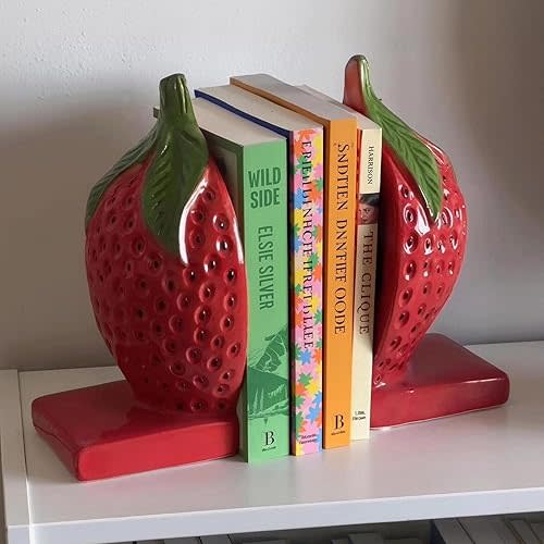 Strawberry Decorative Bookends, Resin Book Ends for Shelves with Cute Aesthetic Design, Bookshelf Decor for Home Office, Desk, Library, Book Holder for Heavy Books, Unique Gift, Set of 2