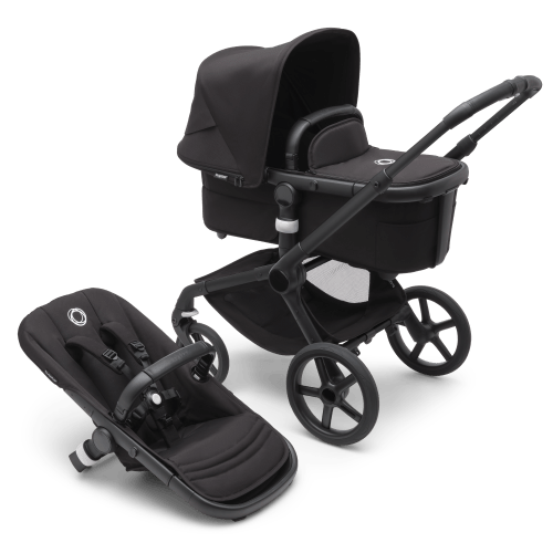 Bugaboo Fox 5 bassinet and seat stroller black base, midnight black fabrics, midnight black sun canopy