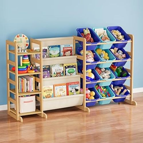 SpaceAid 3-in-1 Toy Storage Organizer with 4 Shelves and 12 Bins, Toy Organizers Storage 3-Tier Bookshelf, Kids Bin Shelf Box Bookcase for Bedroom Playroom Organization Room Decor, Blue and Navy Blue