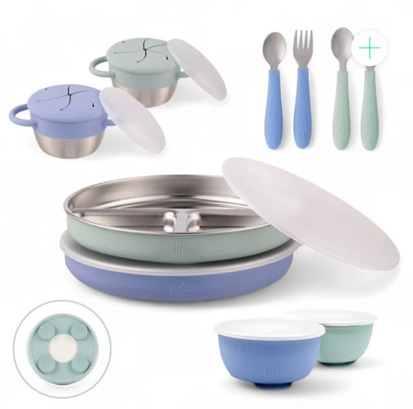 Stainless Steel Mealtime Bundle | Plates, Bowls, Snack Cups + Toddler Utensils | Suction Sleeves | Sage/MistyBlue