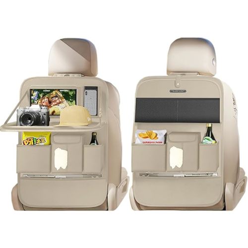 XDV Car Seat Organizers,Multi-functional Back Seat Protectors, Storage Pouches, and Tray Holders (for Cars, Kids, Seat Back and Rear Seats) (Woven Beige, 2 Pcs)