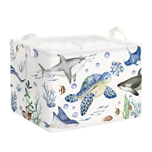 Clastyle Fish Sea Turtle Baby Basket Ocean Coral Seaweed Starfish Toy Book Shelf Basket Waterproof Pool Toy Beach Towel Storage Bin Large Dirty Clothes Laundry Hamper, Shark, 40 * 30 * 30 cm