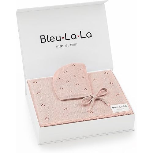Bleu La La Organic Pointelle Receiving Swaddle Blanket for Girls - 100% Luxury Organic Soft Cotton Knit Warm Cozy Cuddle Stroller Blanket for Newborns Infants & Toddlers (Ballet Slippers + Hat)