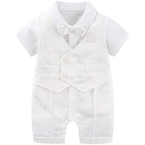 Hresadio Baby Boy Gentleman Romper with Bow Tie Newborn Tuxedo Jumpsuit Baby Formal Outfits Clothes 0-18 Months