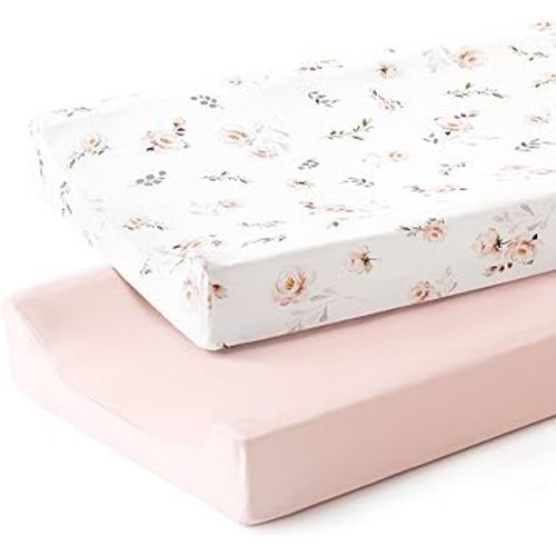 GRSSDER Stretch Ultra Soft Jersey Knit Changing Pad Cover Set 2 Pack, Change Table Pad Covers Fit 32"/34" x 16" Pads Safe and Snug, Pink Rose Print