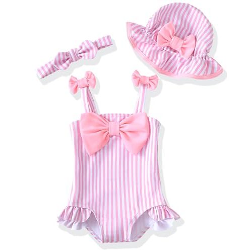 Renotemy Baby Girl Swimsuit Infant Bathing Suit Swimwear Sleeveless Bikini Tankini Toddler Girl One-Piece Swimsuit with Hat
