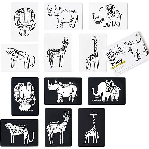 Wee Gallery Black and White Animal Art Cards for Babies, Durable High Contrast Vision Cards, Brain Development Educational Learning Tool for Newborn, Infant, Baby, Toddler - Safari Animals
