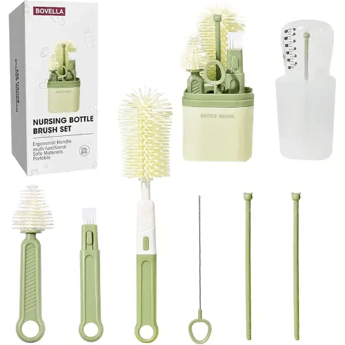 Baby Bottle Brush Set-Travel Bottle Cleaner Kit with Silicone Brush,Drying Rack,Nipple Brush,Straw Brush,Bottle Mouth Brush,Storage Box-6 in 1 Portable Bottle Washing Kit for Home and Travel