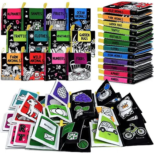 OKOOKO Soft Baby Books Black and White High Contrast 12PCS Soft Cloth Books Bath Books Crinkle Washable Non-Toxic Early Education Preschool Learning Toy for Newborns Babies Infants Toddlers Kids
