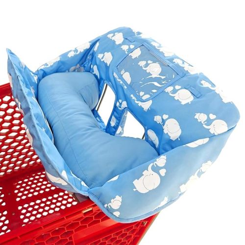 Soft Pillow Shopping Cart Cover for Baby, Cotton Padded Cart Cover, Fold'n Roll Style, Portable with Carry Bag (Blue Elephant)