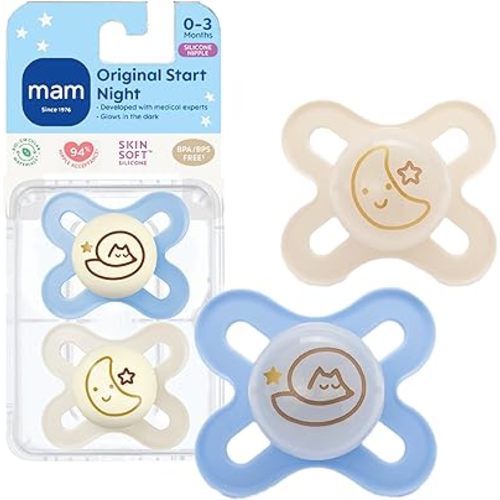 MAM Original Start Night Baby Pacifiers 0-3 Months Newborns, BPA-Free Skin Soft Silicone Nipple, Glows in The Dark, Developed with Medical Experts, 2 Count with Sterilizer Case