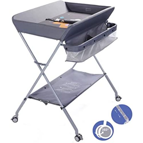 EGREE Baby Portable Folding Diaper Changing Station with Wheels, Adjustable Height Mobile Nursery Organizer with Safety Belt & Large Storage Racks, Newborns & Infant, Gray 1 Count (Pack of 1)