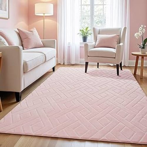 Ultra Soft Pink Area Rug for Girls Bedroom, 4x6 Modern Geometric Shag Rugs with Nonslip Backing for Living Room, Washable Fuzzy Carpet for Cozy Kids Room Nursery
