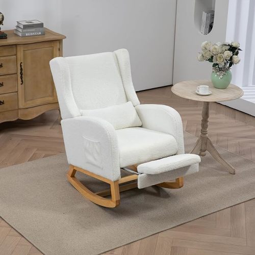 Modern Upholstered Recliner High Back Rocking Chair with Pull Out Footrestt and Waist Pillow, Nursery Rocker Glider Wingback Chair Chaise Lounger(Ivory Sherpa)