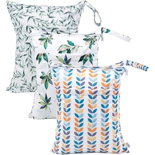 babygoal Wet Dry Bags for Baby Cloth Diapers, Washable Travel Bags, Beach, Pool, Gym Bag for Swimsuits & Wet Clothes with Two Zippered Pockets 3 Pack 3LN08