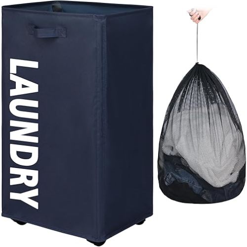 29" X-Large Rolling Laundry basket with Removable Bag on Wheels, 90L Collapsible Narrow Corner Laundry Hamper, Foldable Storage Bins, Dark Blue
