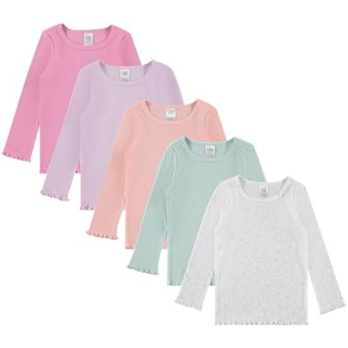 Cudlie 5-Pack Infant/Toddler Girl Long Sleeve Shirt - Basic Baby Tees, Blouses, Tops - Solid Print & Ruffled Tshirts