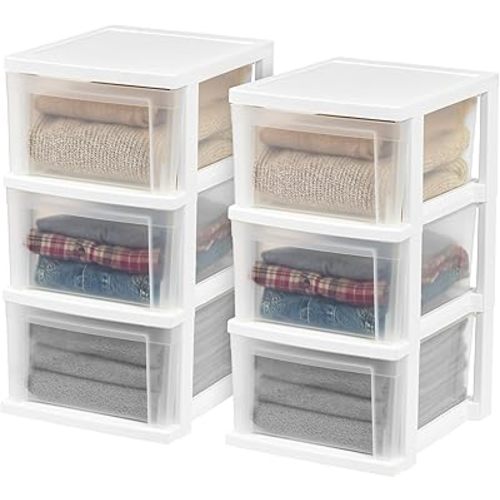 IRIS USA Plastic Drawer Storage Organizer, 3-Drawers, 2-Pack, for Classroom Art Craft Supplies, Bathroom Bedroom, Laundry Room, White/Clear