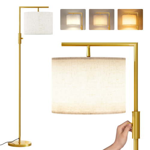 SUNMORY Iron Modern Standing Lamp, Gold Floor Lamp for Living Room, with Rotary Switch, Hanging Shade and 3 Color Temperatures 9W Bulb for Bedroom, Study Room, Office