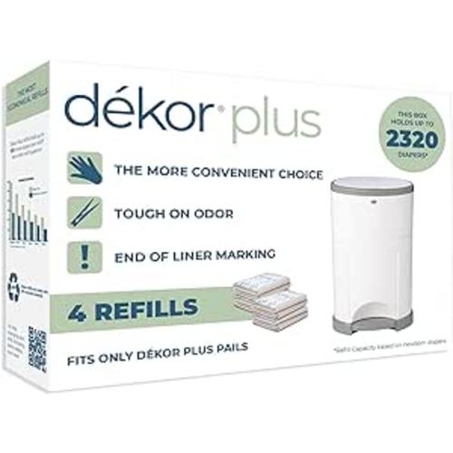 DEKOR Plus Diaper Pail Refills | 4 Count | Most Economical Refill System | Quick & Easy to Replace | No Preset Bag Size – Use Only What You Need | Exclusive End-of-Liner Marking | Baby Powder Scent - 4 Count (Pack of 1)