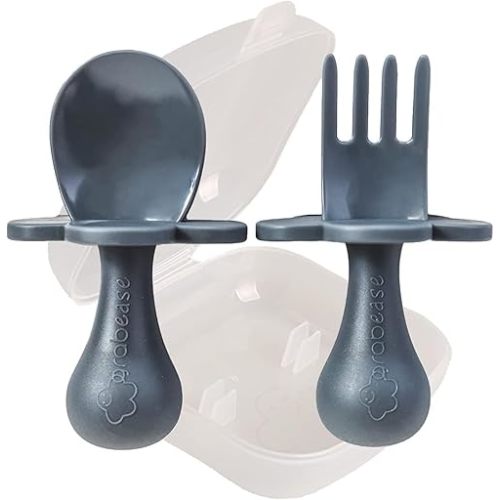 Grabease Toddler Spoon & Fork - First Stage Baby Spoons for Self Feeding from 4+ Months - BPA-Free & Phthalate-Free Baby Utensils & Silverware - 1 Set, Gray - Silverware Set - 1 Year Old Utensils