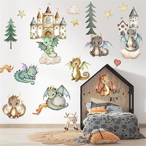 Cute Dinosaur Kids Wall Stickers, Peel and Stick Removable Wall Decals for Kids Boys Nursery Bedroom Living Room(Castle Dinosaur)
