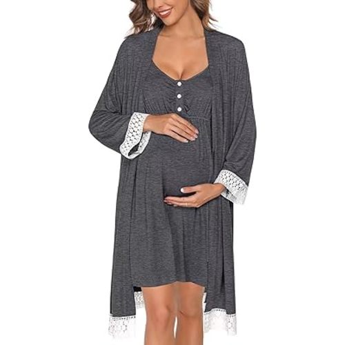 SWOMOG Women Maternity Nursing Robe Set Labor and Delivery Gown Breastfeeding Nightgown Postpartum Robe Sets for Hospital