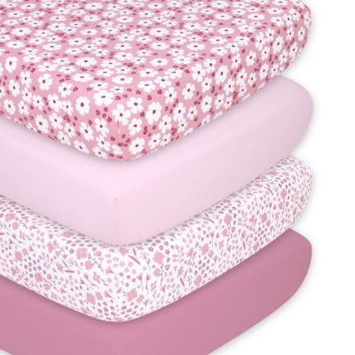 The Peanutshell Fitted Crib Sheet Set For Baby Girls, Daisy, 4 Pack | Pink, Mauve